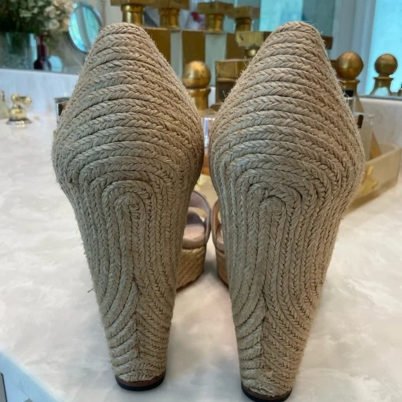 Gucci Open Toe Wedge Sandal, Beige Suede, 4.5 Inch Heel Height, Sz 38.5 / Sz 8.5 - Picture 6 of 12